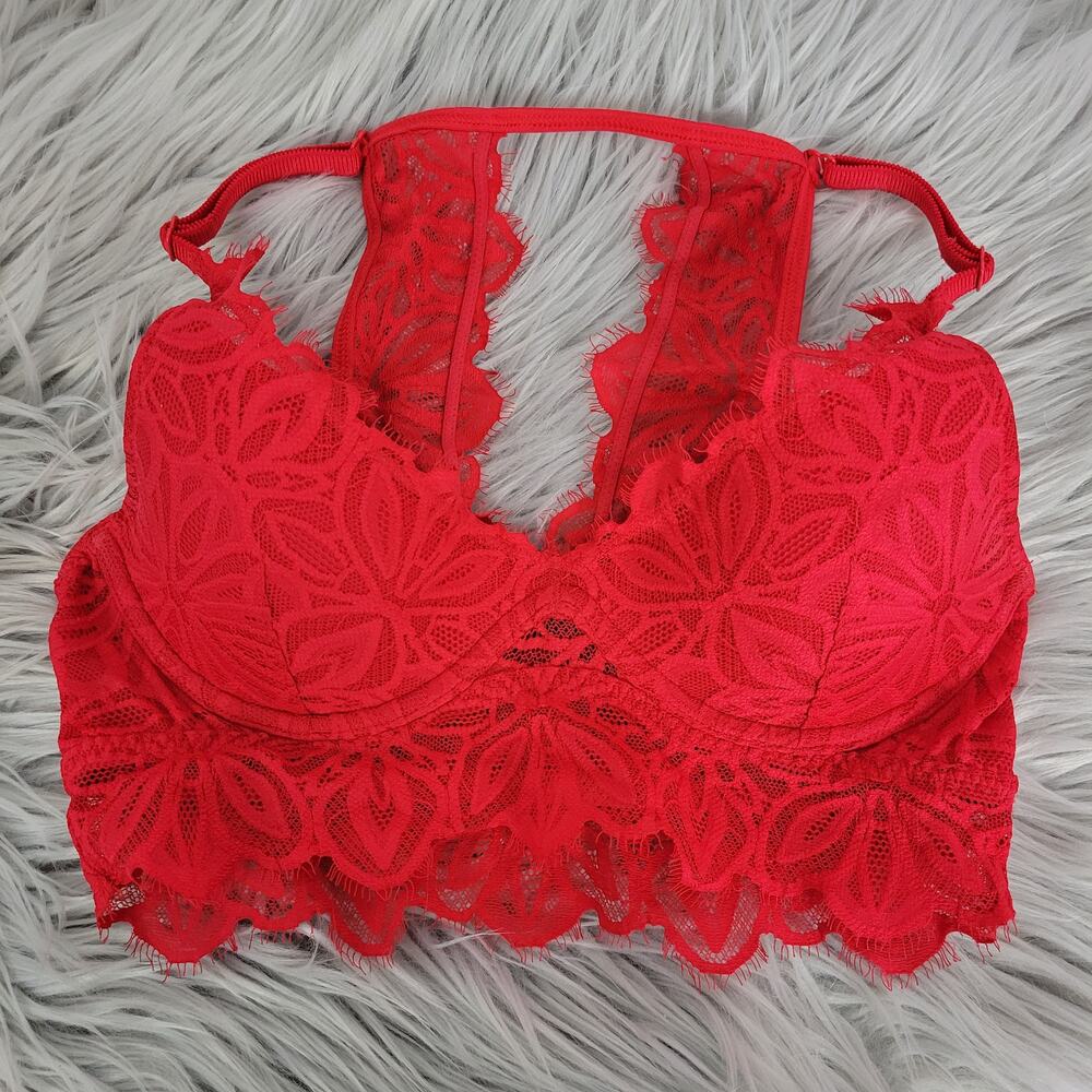 PINK Victorias Secret Padded Bra XS Red Lace Ruffle Trim Underwire Bralette
